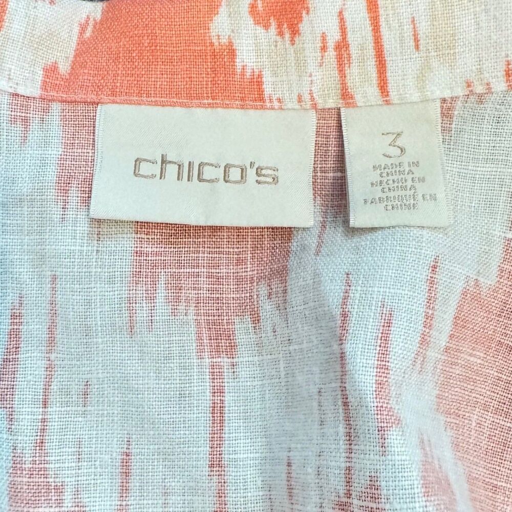Chico's Size 3 Linen Ikat Open Front Jacket Coral White Boho Topper XL - Picture 3 of 4